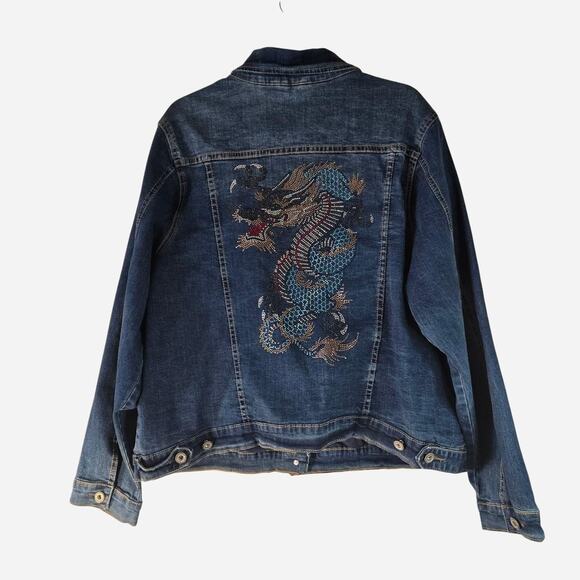 White Mark bedazzled dragon Demin jean jacket size 2xL - Picture 2 of 8